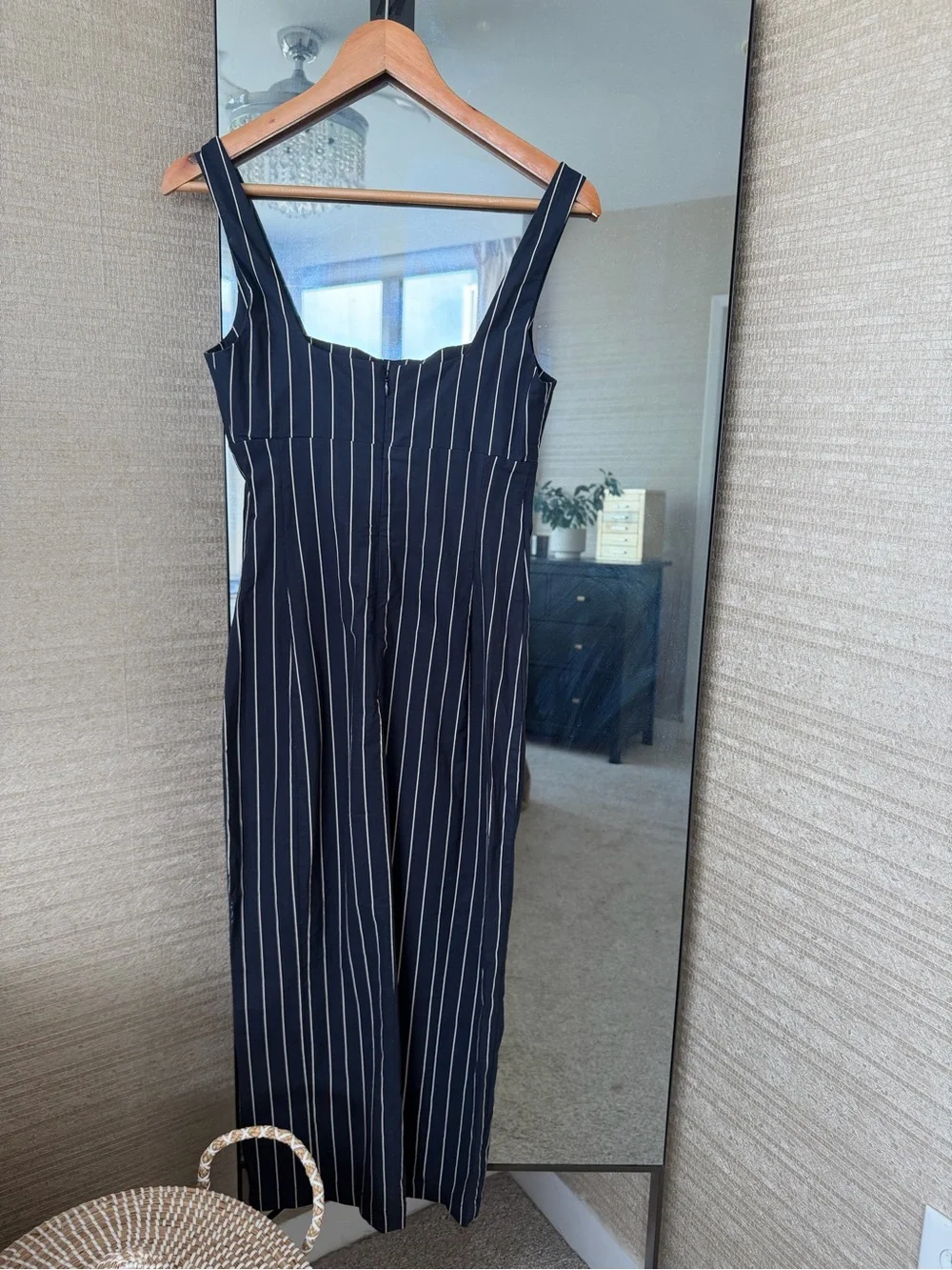 Anthropologie Navy Pinstripe Square Neckline Midi Dress with Side Slit. NWT. XS. - Picture 5 of 10